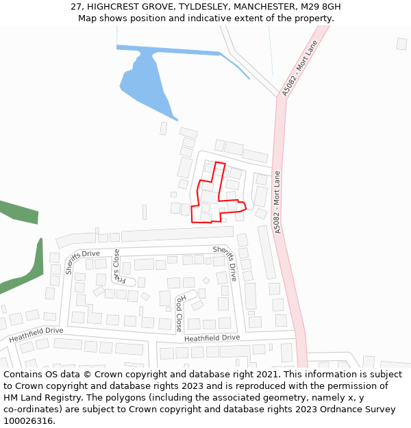 27, HIGHCREST GROVE, TYLDESLEY, MANCHESTER, M29 8GH: Location map and indicative extent of plot