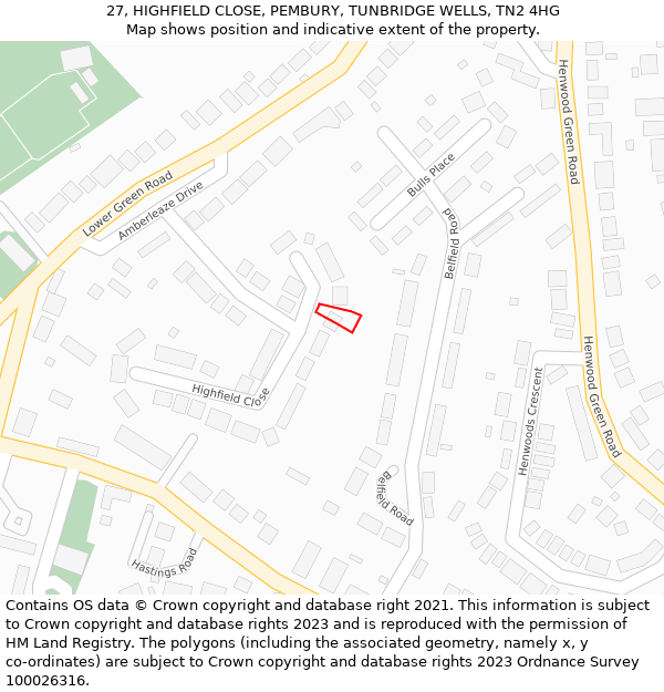 27, HIGHFIELD CLOSE, PEMBURY, TUNBRIDGE WELLS, TN2 4HG: Location map and indicative extent of plot