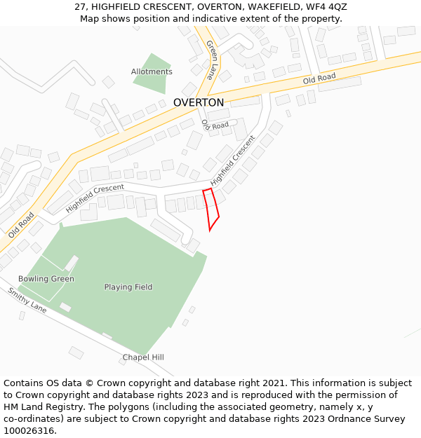 27, HIGHFIELD CRESCENT, OVERTON, WAKEFIELD, WF4 4QZ: Location map and indicative extent of plot