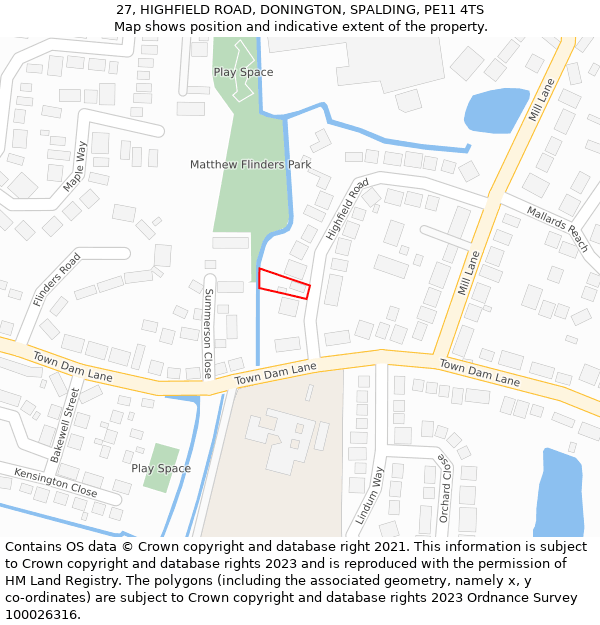 27, HIGHFIELD ROAD, DONINGTON, SPALDING, PE11 4TS: Location map and indicative extent of plot