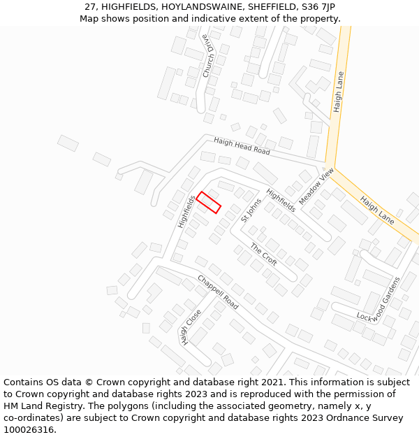 27, HIGHFIELDS, HOYLANDSWAINE, SHEFFIELD, S36 7JP: Location map and indicative extent of plot