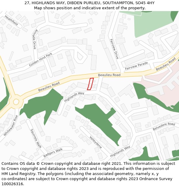 27, HIGHLANDS WAY, DIBDEN PURLIEU, SOUTHAMPTON, SO45 4HY: Location map and indicative extent of plot