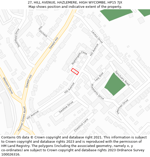 27, HILL AVENUE, HAZLEMERE, HIGH WYCOMBE, HP15 7JX: Location map and indicative extent of plot