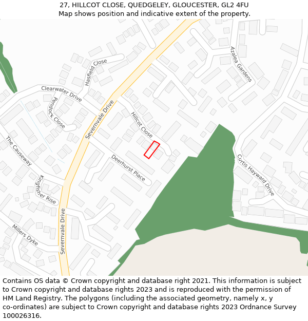 27, HILLCOT CLOSE, QUEDGELEY, GLOUCESTER, GL2 4FU: Location map and indicative extent of plot