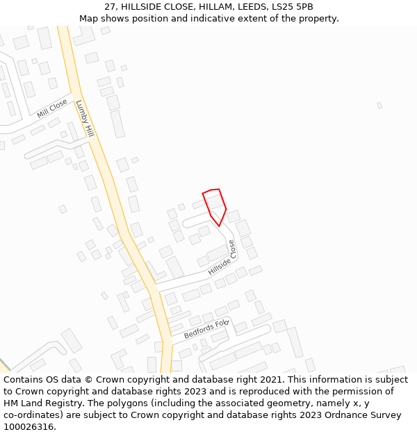 27, HILLSIDE CLOSE, HILLAM, LEEDS, LS25 5PB: Location map and indicative extent of plot