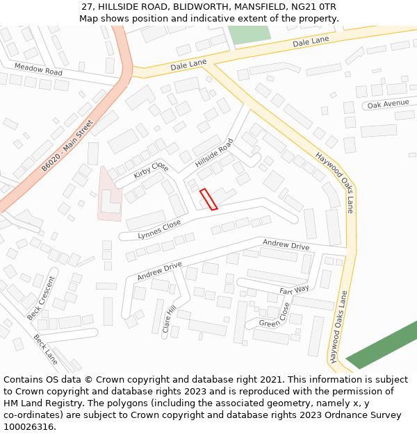 27, HILLSIDE ROAD, BLIDWORTH, MANSFIELD, NG21 0TR: Location map and indicative extent of plot