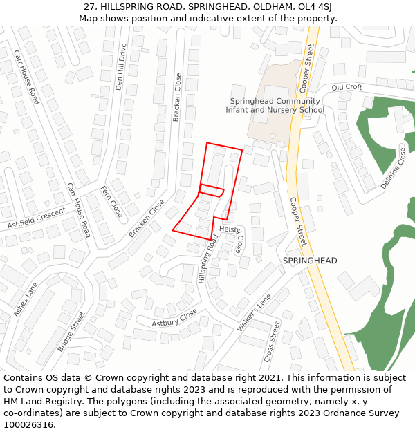 27, HILLSPRING ROAD, SPRINGHEAD, OLDHAM, OL4 4SJ: Location map and indicative extent of plot