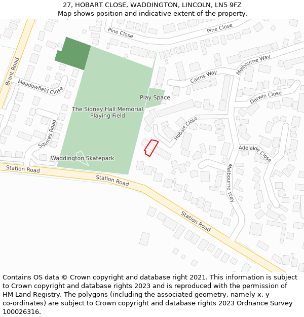 27, HOBART CLOSE, WADDINGTON, LINCOLN, LN5 9FZ: Location map and indicative extent of plot