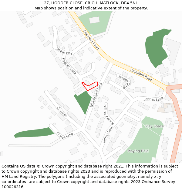 27, HODDER CLOSE, CRICH, MATLOCK, DE4 5NH: Location map and indicative extent of plot