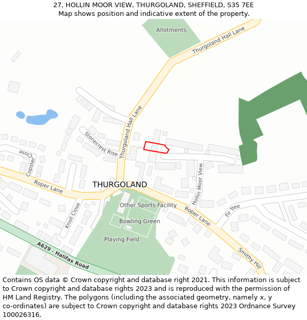 27, HOLLIN MOOR VIEW, THURGOLAND, SHEFFIELD, S35 7EE: Location map and indicative extent of plot