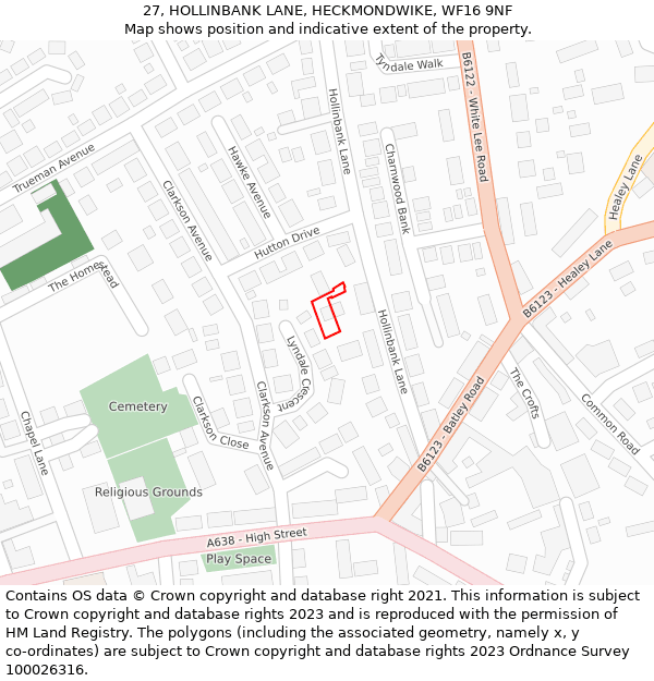 27, HOLLINBANK LANE, HECKMONDWIKE, WF16 9NF: Location map and indicative extent of plot