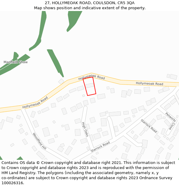 27, HOLLYMEOAK ROAD, COULSDON, CR5 3QA: Location map and indicative extent of plot