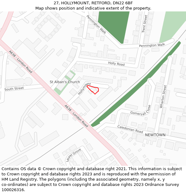 27, HOLLYMOUNT, RETFORD, DN22 6BF: Location map and indicative extent of plot