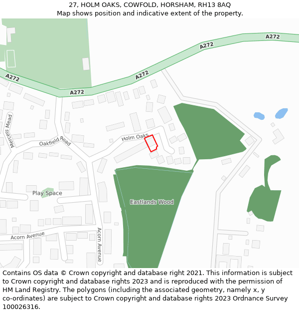 27, HOLM OAKS, COWFOLD, HORSHAM, RH13 8AQ: Location map and indicative extent of plot