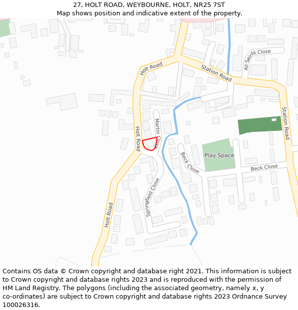 27, HOLT ROAD, WEYBOURNE, HOLT, NR25 7ST: Location map and indicative extent of plot