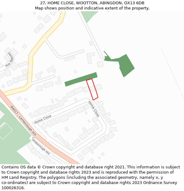 27, HOME CLOSE, WOOTTON, ABINGDON, OX13 6DB: Location map and indicative extent of plot