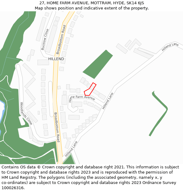 27, HOME FARM AVENUE, MOTTRAM, HYDE, SK14 6JS: Location map and indicative extent of plot