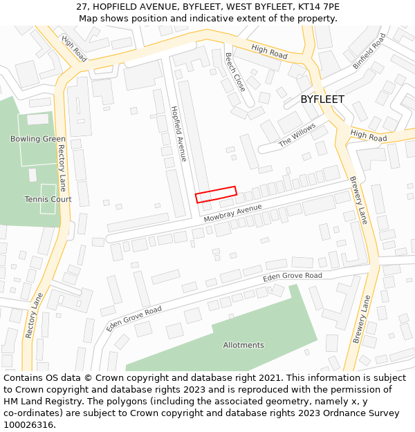 27, HOPFIELD AVENUE, BYFLEET, WEST BYFLEET, KT14 7PE: Location map and indicative extent of plot