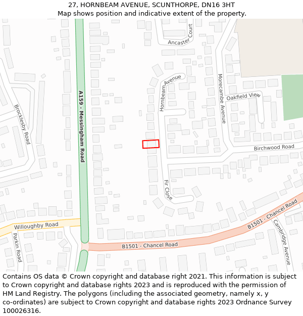27, HORNBEAM AVENUE, SCUNTHORPE, DN16 3HT: Location map and indicative extent of plot
