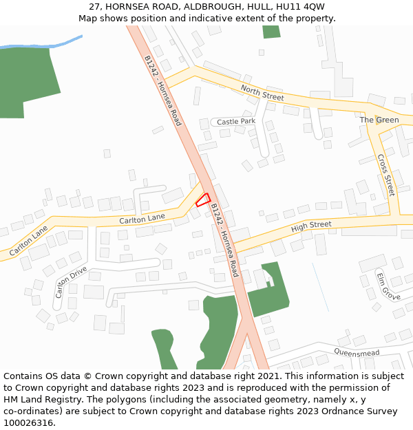 27, HORNSEA ROAD, ALDBROUGH, HULL, HU11 4QW: Location map and indicative extent of plot