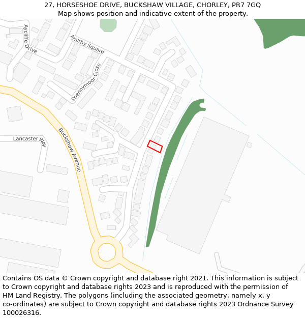 27, HORSESHOE DRIVE, BUCKSHAW VILLAGE, CHORLEY, PR7 7GQ: Location map and indicative extent of plot