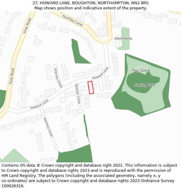 27, HOWARD LANE, BOUGHTON, NORTHAMPTON, NN2 8RS: Location map and indicative extent of plot