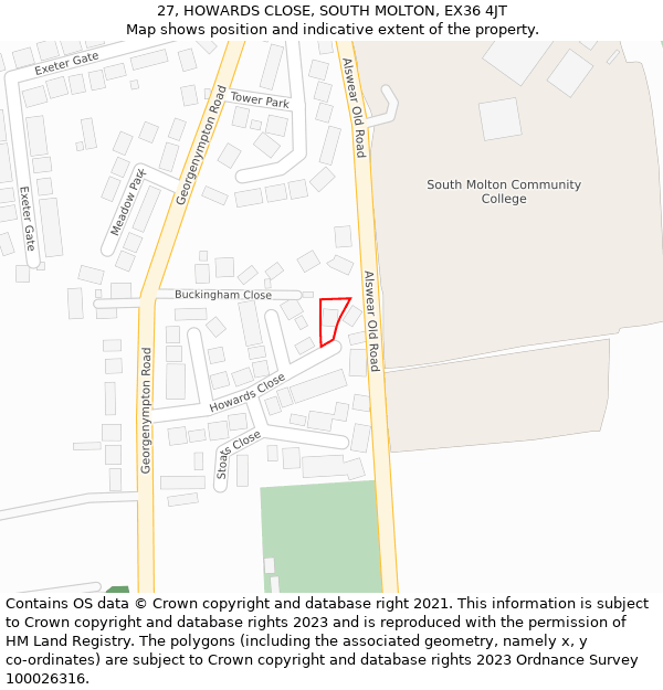 27, HOWARDS CLOSE, SOUTH MOLTON, EX36 4JT: Location map and indicative extent of plot