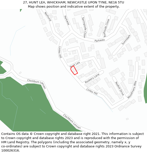 27, HUNT LEA, WHICKHAM, NEWCASTLE UPON TYNE, NE16 5TU: Location map and indicative extent of plot