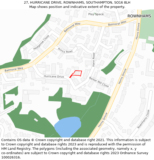 27, HURRICANE DRIVE, ROWNHAMS, SOUTHAMPTON, SO16 8LH: Location map and indicative extent of plot