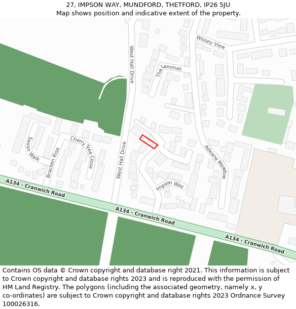 27, IMPSON WAY, MUNDFORD, THETFORD, IP26 5JU: Location map and indicative extent of plot