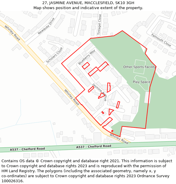 27, JASMINE AVENUE, MACCLESFIELD, SK10 3GH: Location map and indicative extent of plot