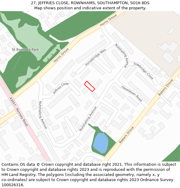 27, JEFFRIES CLOSE, ROWNHAMS, SOUTHAMPTON, SO16 8DS: Location map and indicative extent of plot