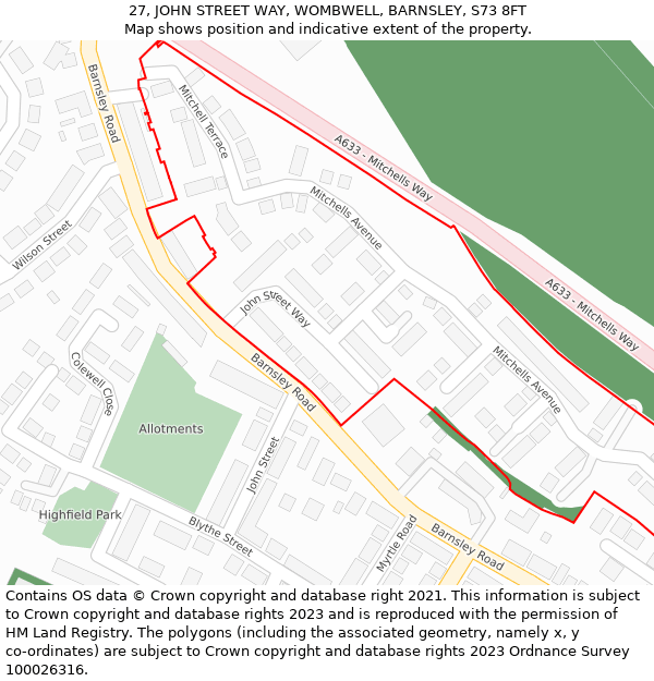 27, JOHN STREET WAY, WOMBWELL, BARNSLEY, S73 8FT: Location map and indicative extent of plot