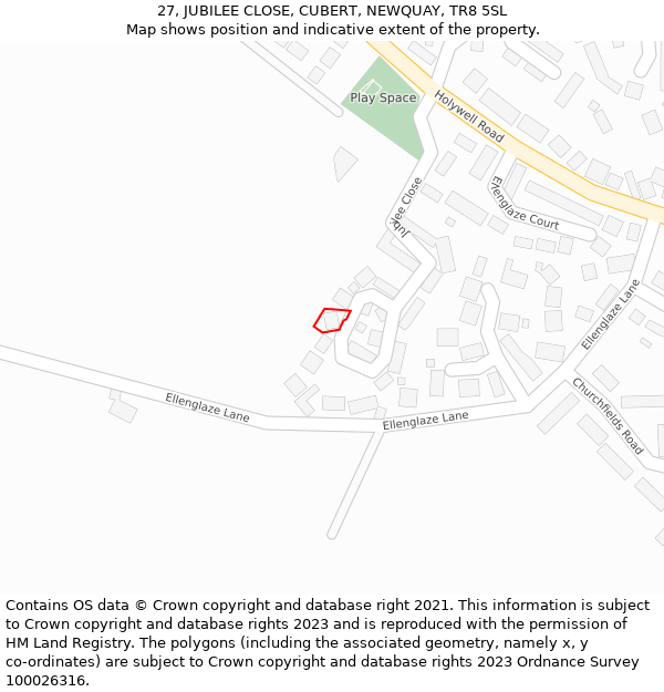 27, JUBILEE CLOSE, CUBERT, NEWQUAY, TR8 5SL: Location map and indicative extent of plot