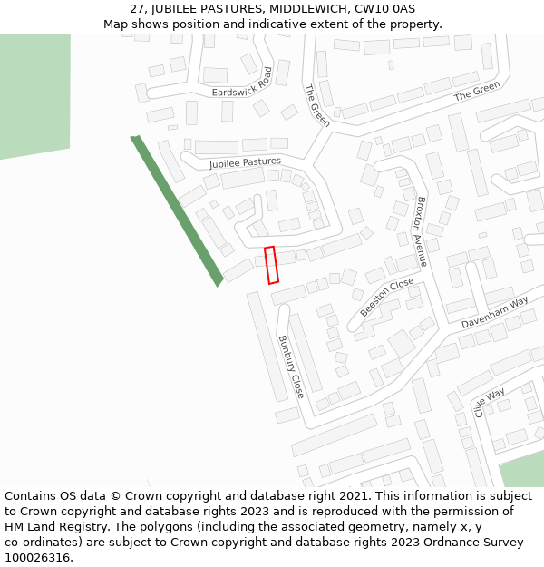 27, JUBILEE PASTURES, MIDDLEWICH, CW10 0AS: Location map and indicative extent of plot