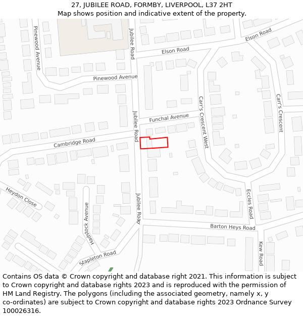 27, JUBILEE ROAD, FORMBY, LIVERPOOL, L37 2HT: Location map and indicative extent of plot