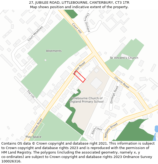 27, JUBILEE ROAD, LITTLEBOURNE, CANTERBURY, CT3 1TR: Location map and indicative extent of plot