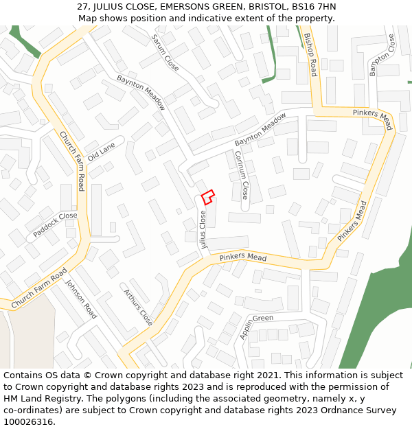 27, JULIUS CLOSE, EMERSONS GREEN, BRISTOL, BS16 7HN: Location map and indicative extent of plot