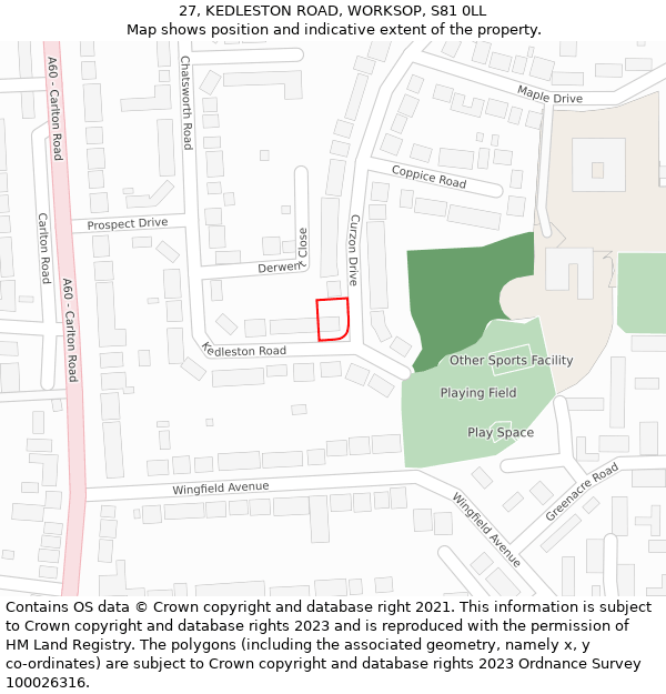 27, KEDLESTON ROAD, WORKSOP, S81 0LL: Location map and indicative extent of plot