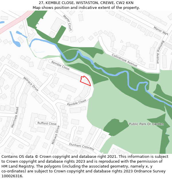 27, KEMBLE CLOSE, WISTASTON, CREWE, CW2 6XN: Location map and indicative extent of plot