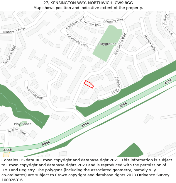 27, KENSINGTON WAY, NORTHWICH, CW9 8GG: Location map and indicative extent of plot