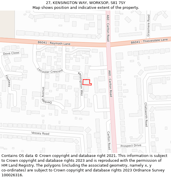 27, KENSINGTON WAY, WORKSOP, S81 7SY: Location map and indicative extent of plot