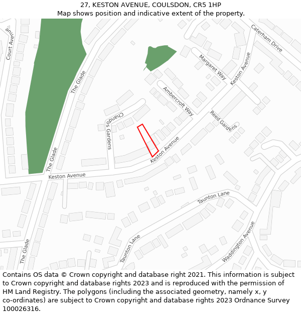 27, KESTON AVENUE, COULSDON, CR5 1HP: Location map and indicative extent of plot