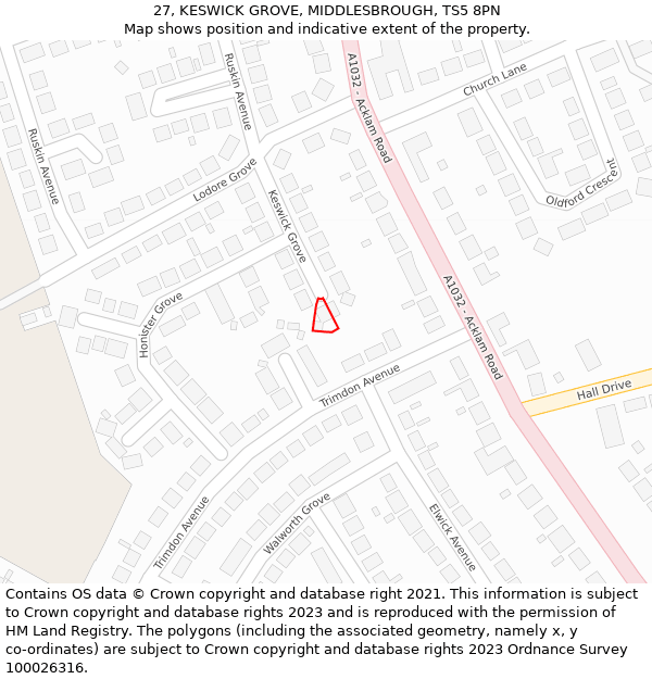 27, KESWICK GROVE, MIDDLESBROUGH, TS5 8PN: Location map and indicative extent of plot