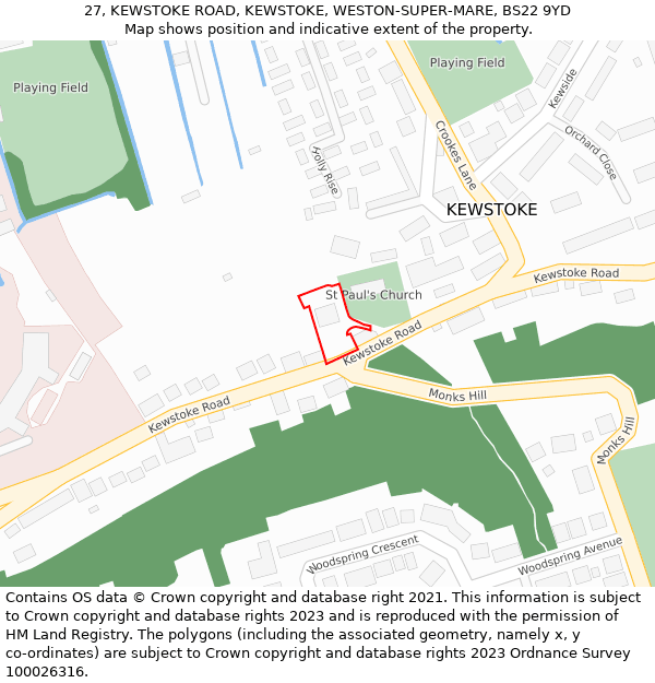 27, KEWSTOKE ROAD, KEWSTOKE, WESTON-SUPER-MARE, BS22 9YD: Location map and indicative extent of plot