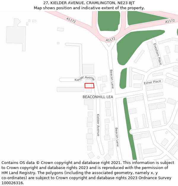 27, KIELDER AVENUE, CRAMLINGTON, NE23 8JT: Location map and indicative extent of plot