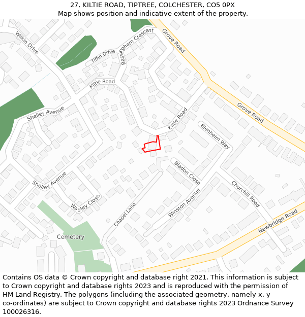 27, KILTIE ROAD, TIPTREE, COLCHESTER, CO5 0PX: Location map and indicative extent of plot