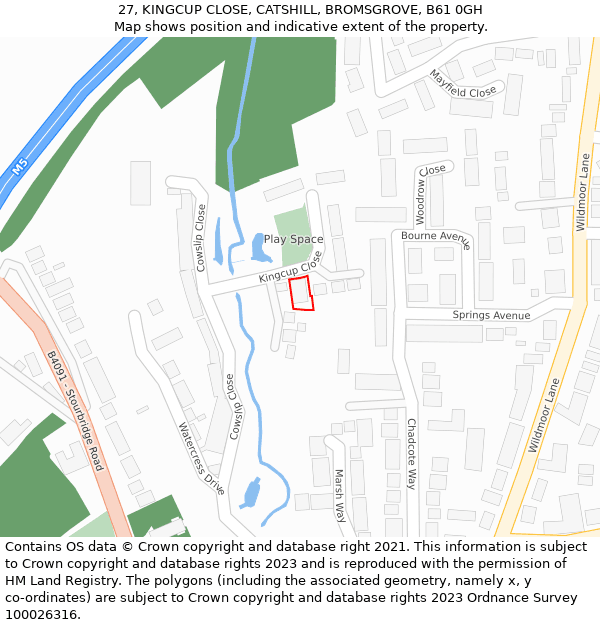 27, KINGCUP CLOSE, CATSHILL, BROMSGROVE, B61 0GH: Location map and indicative extent of plot