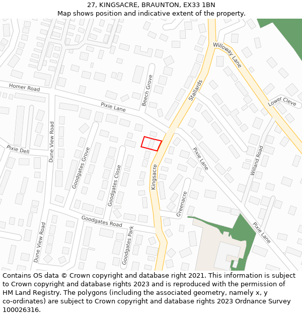 27, KINGSACRE, BRAUNTON, EX33 1BN: Location map and indicative extent of plot