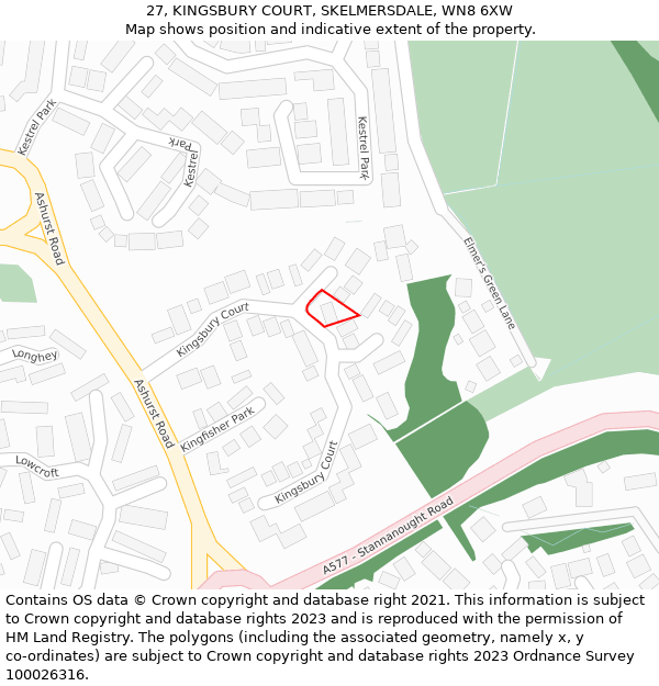 27, KINGSBURY COURT, SKELMERSDALE, WN8 6XW: Location map and indicative extent of plot
